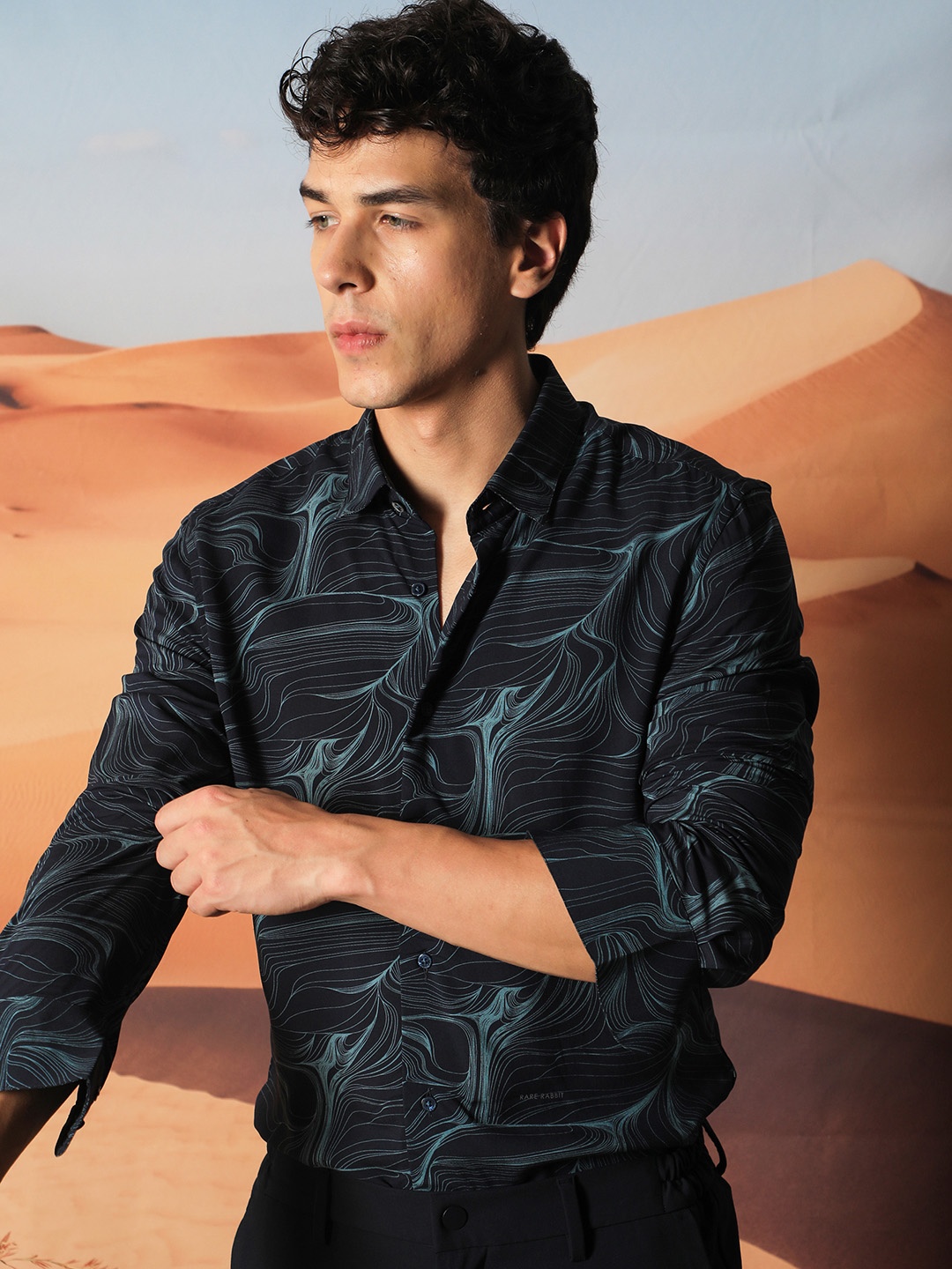 

RARE RABBIT Men Navy Blue Custom Slim Fit Printed Casual Shirt