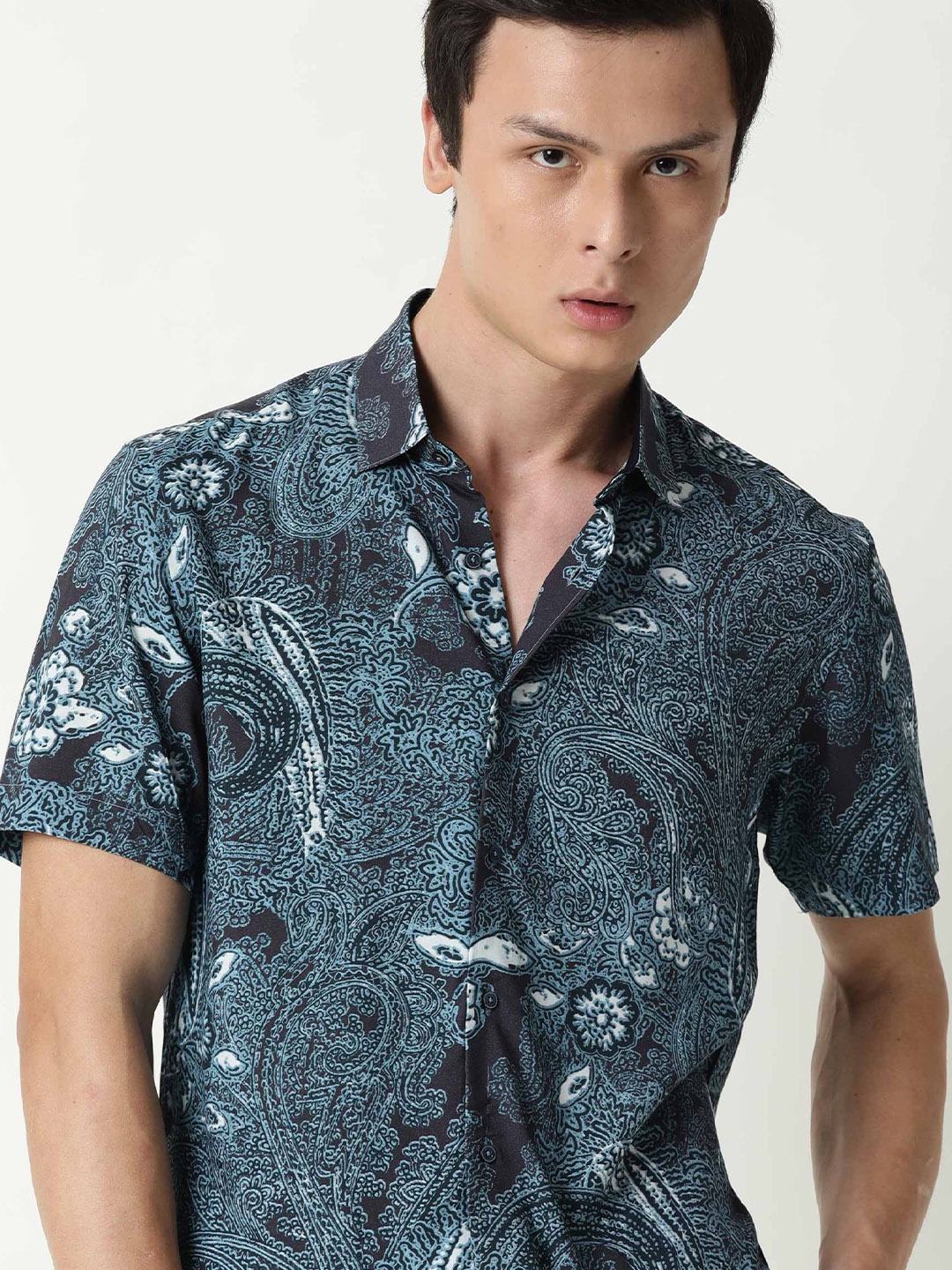 

RARE RABBIT Men Lawrn Slim Fit Ethnic Motifs Printed Shirt, Blue