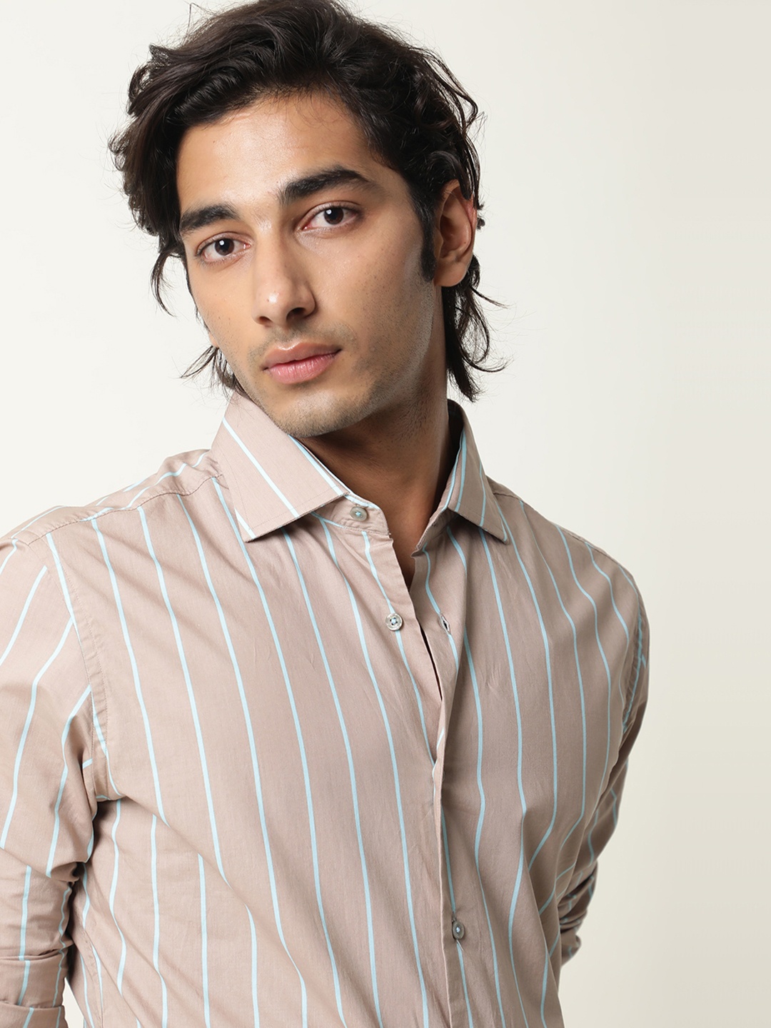 

RARE RABBIT Men Beige Custom Slim Fit Striped Cotton Casual Shirt