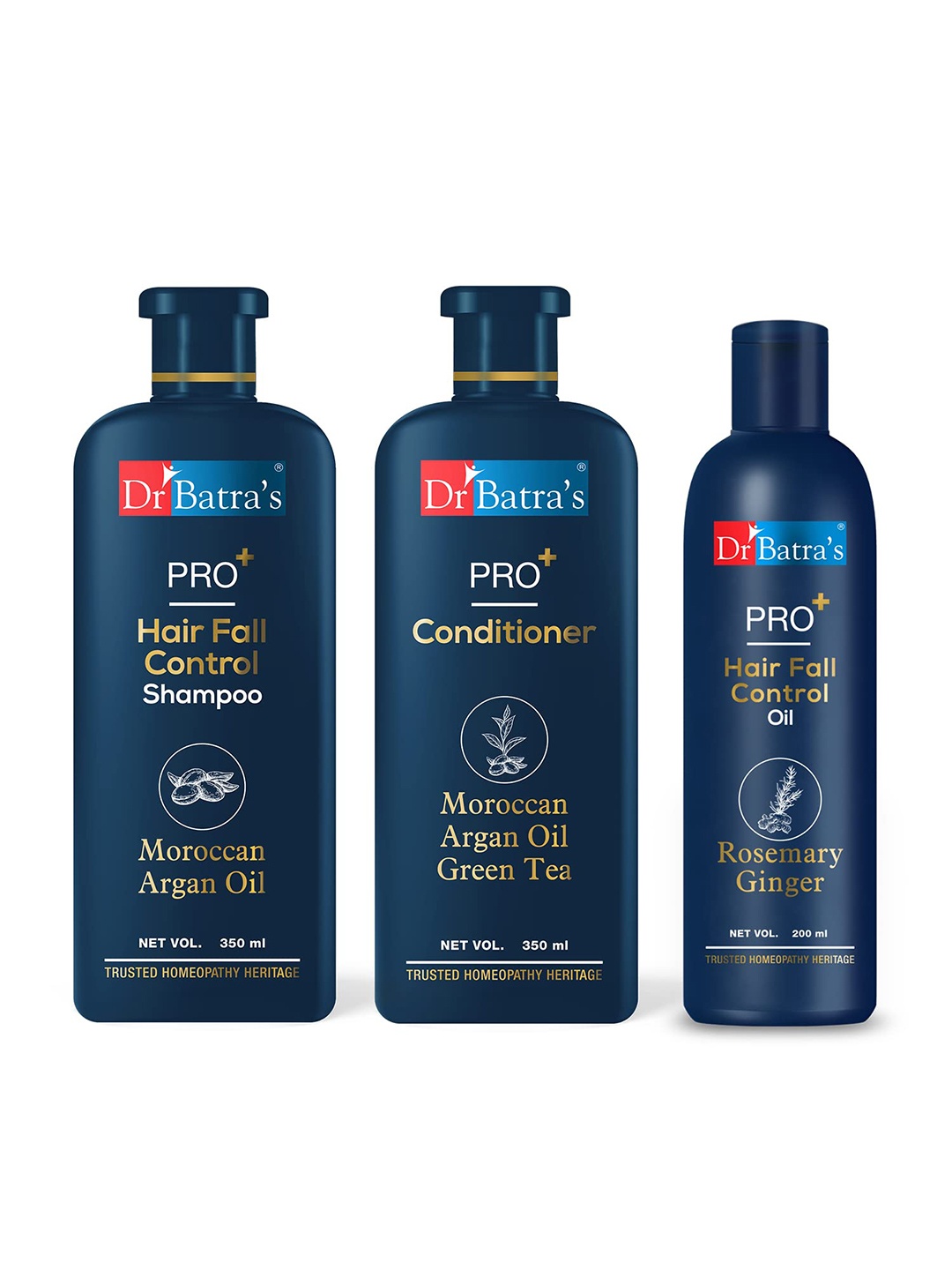 

Dr. Batras PRO+ Hair Fall Control Shampoo 350ml + Conditioner 350ml + Hair Oil 200ml, Navy blue