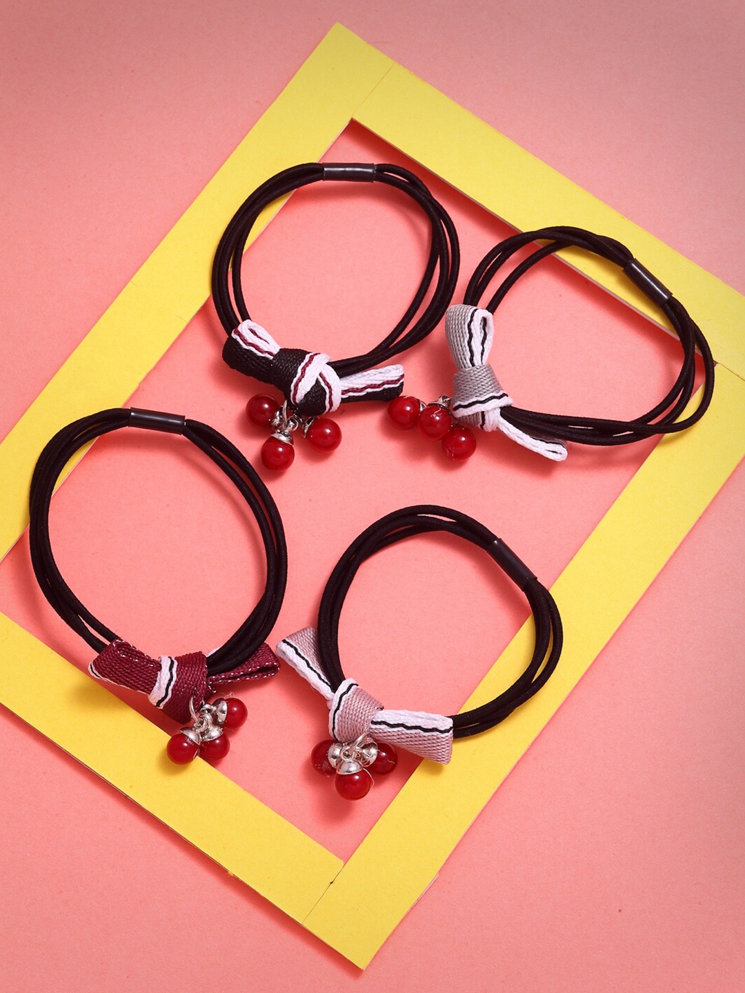 

VOGUE PANASH Girls Set of 4 Bow Detail Beaded Ponytail Holders, Black