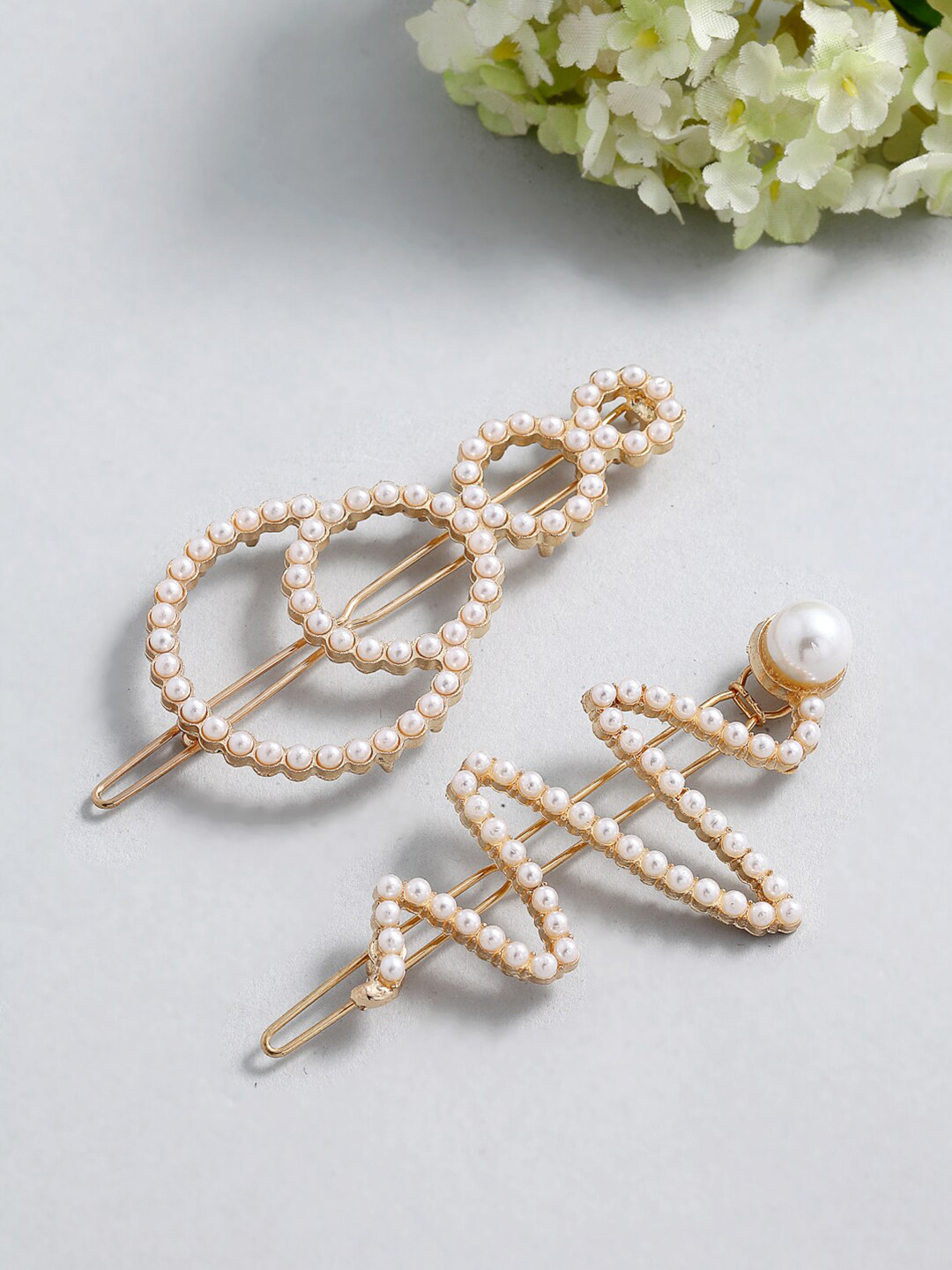 

PANASH Women Set of 2 Gold-Toned & White Beaded Hair Pins