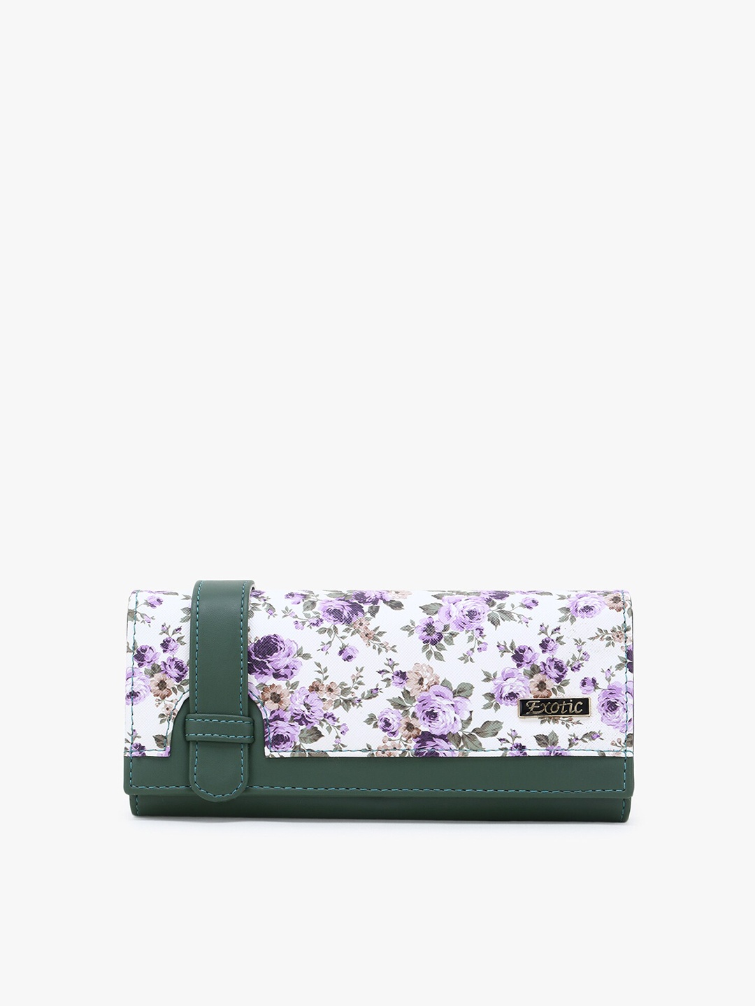

Exotic Women Green & Purple Floral Printed Buckle Detail PU Envelope Wallet
