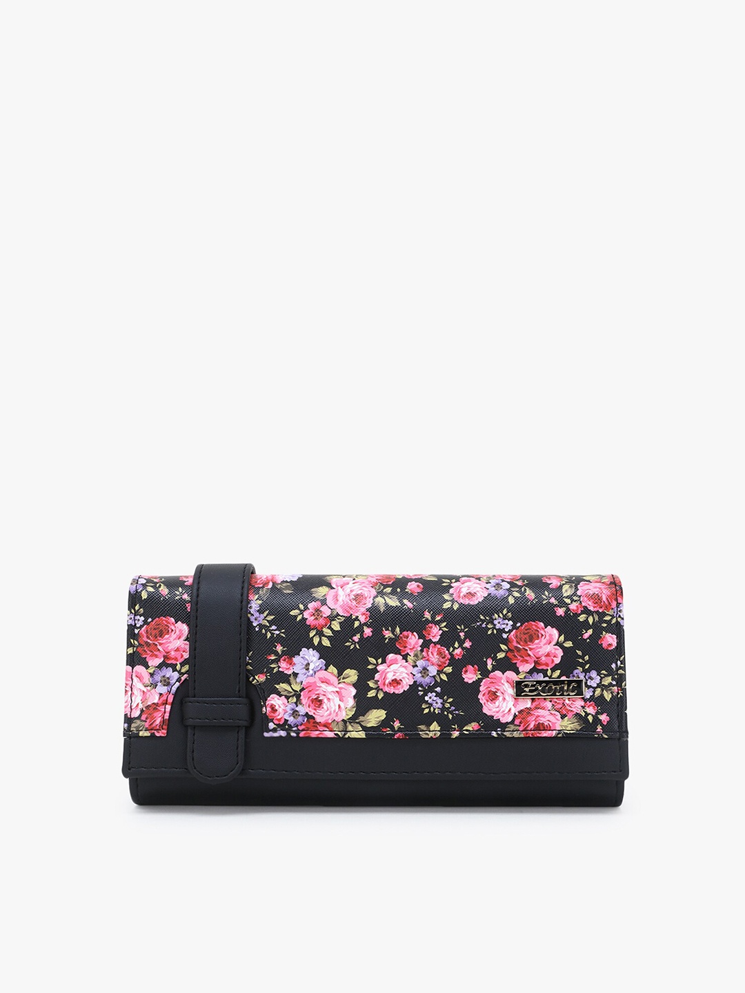

Exotic Women Black & Purple Floral Printed Buckle Detail PU Envelope
