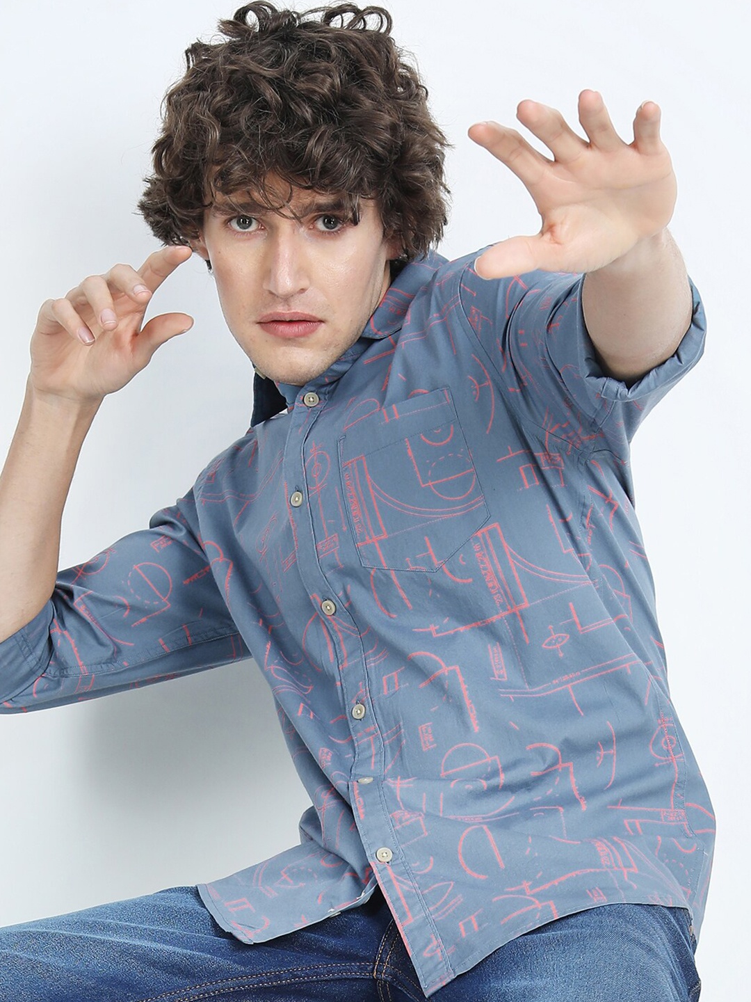 

HIGHLANDER Men Blue & Pink Slim Fit Printed Cotton Casual Shirt