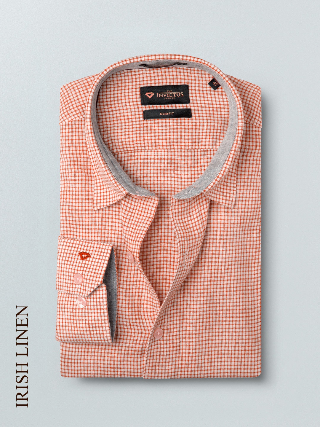 

INVICTUS Men Orange & White Checked Pure Linen Slim Fit Checked Formal Shirt
