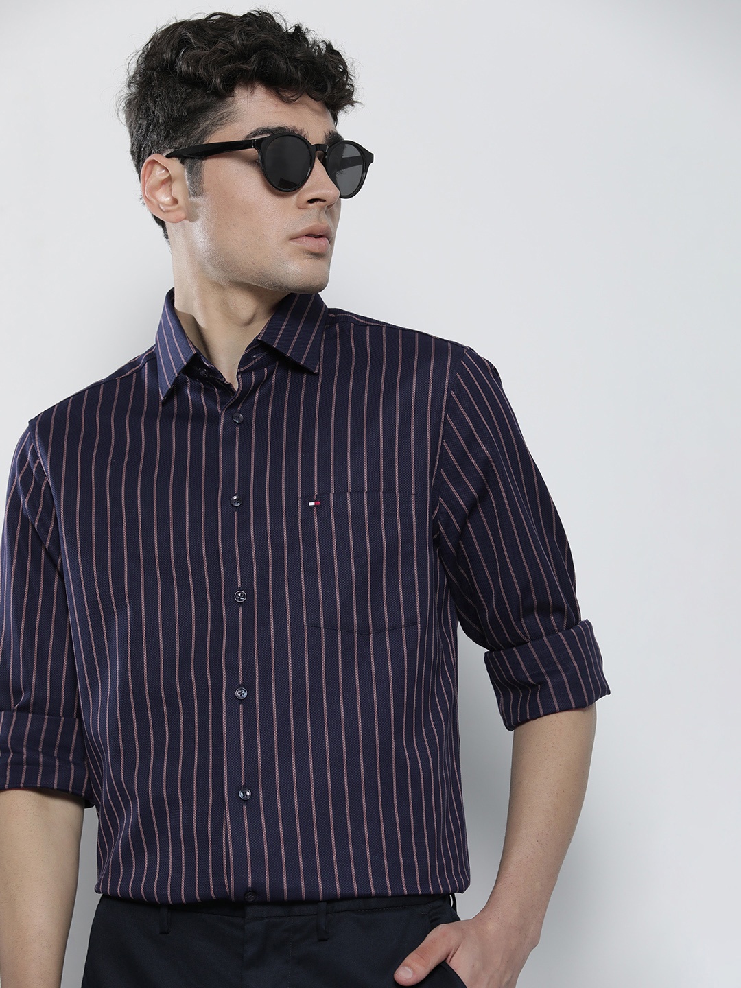 

Tommy Hilfiger Men Navy Blue Vertical Stripes Opaque Pure Cotton Casual Shirt