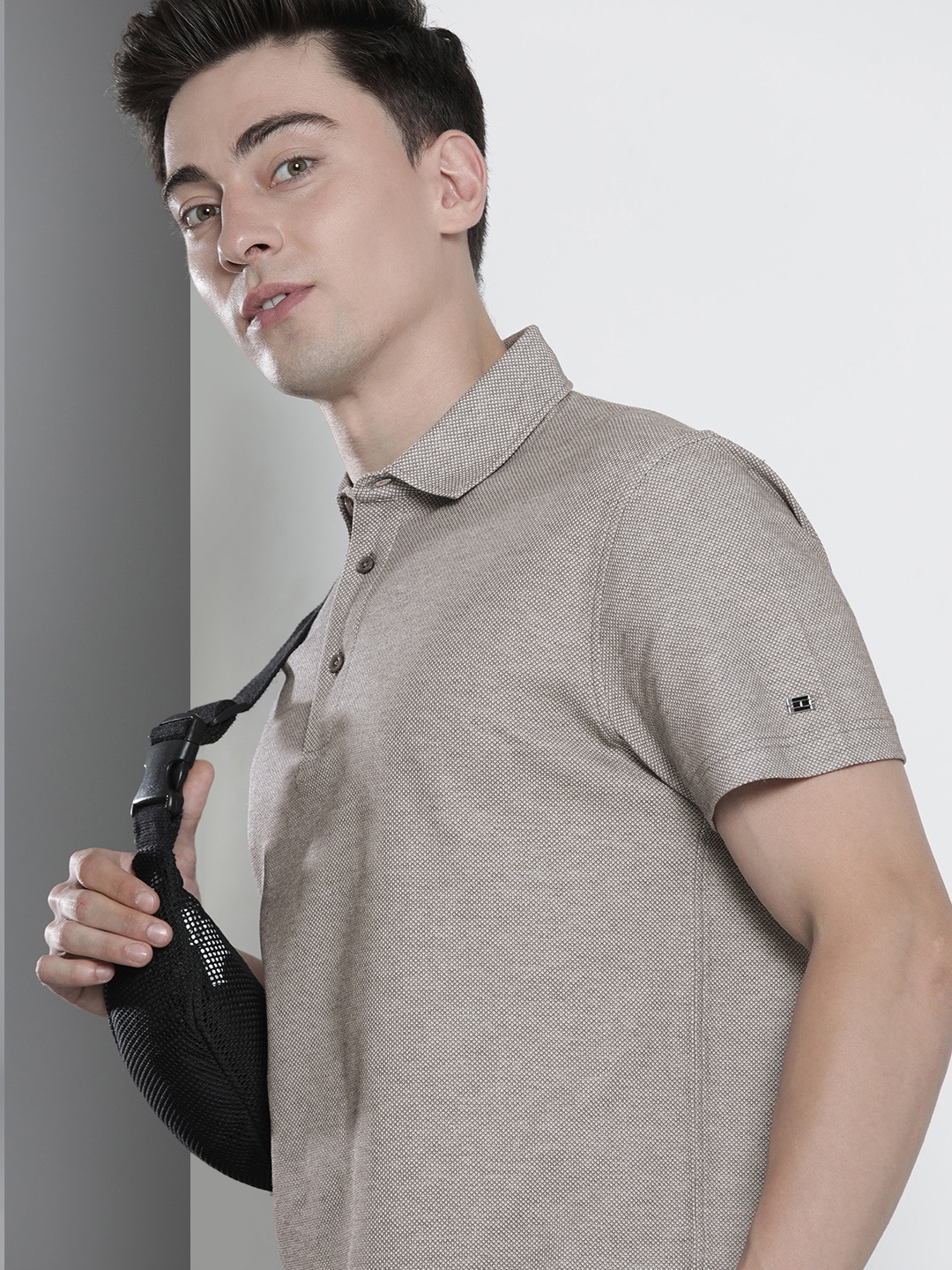 

Tommy Hilfiger Men Grey Self Designed Polo Collar Organic Casual T-shirt