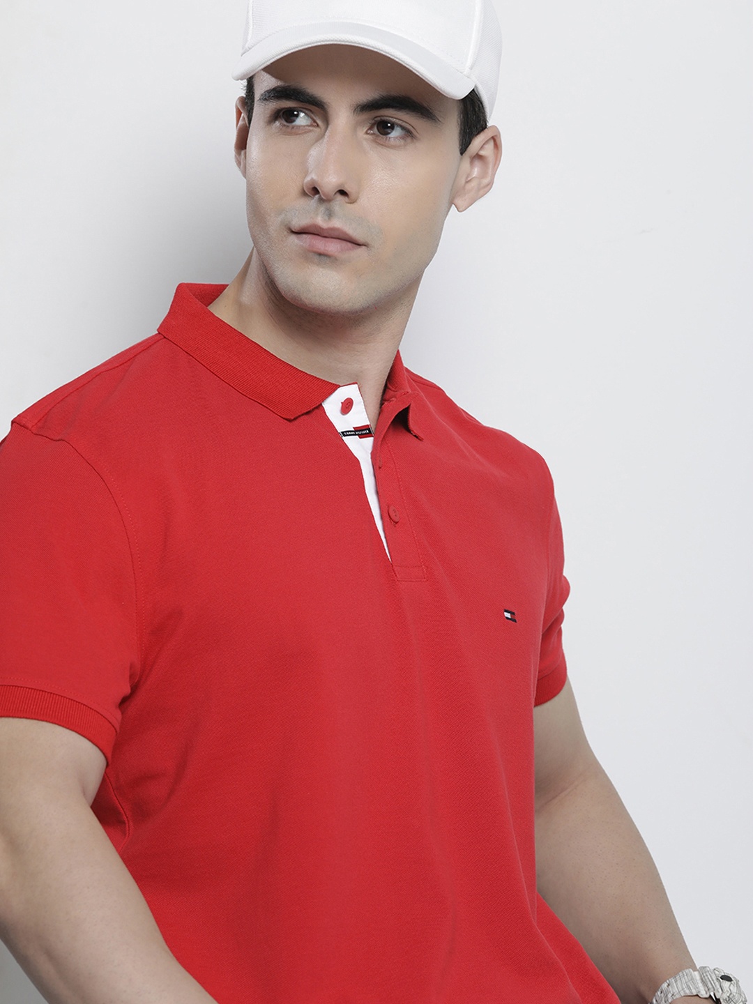 

Tommy Hilfiger Men Red Self Design Polo Collar T-shirt