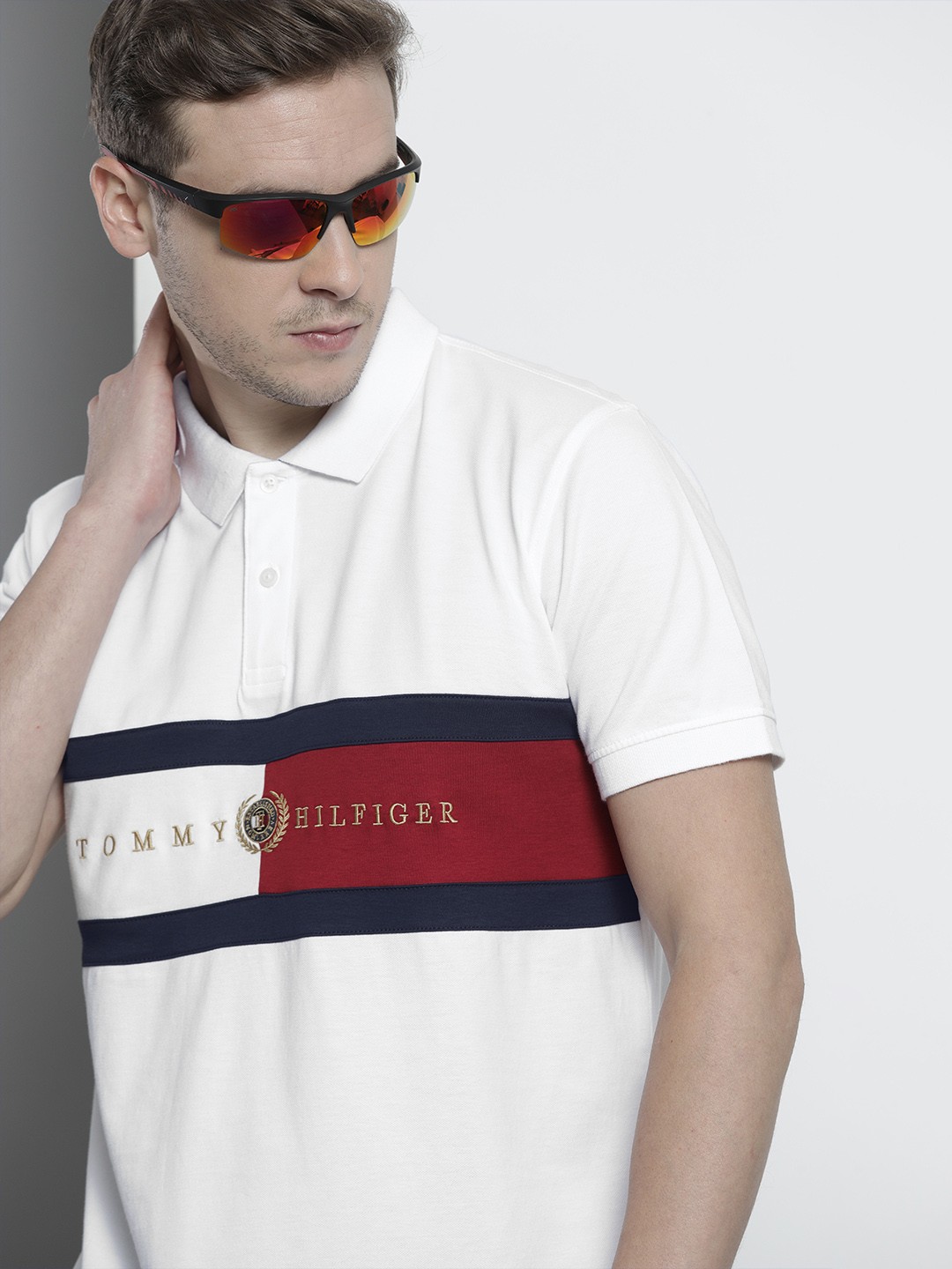 

Tommy Hilfiger Men White Brand Logo Printed Polo Collar Pure Cotton T-shirt