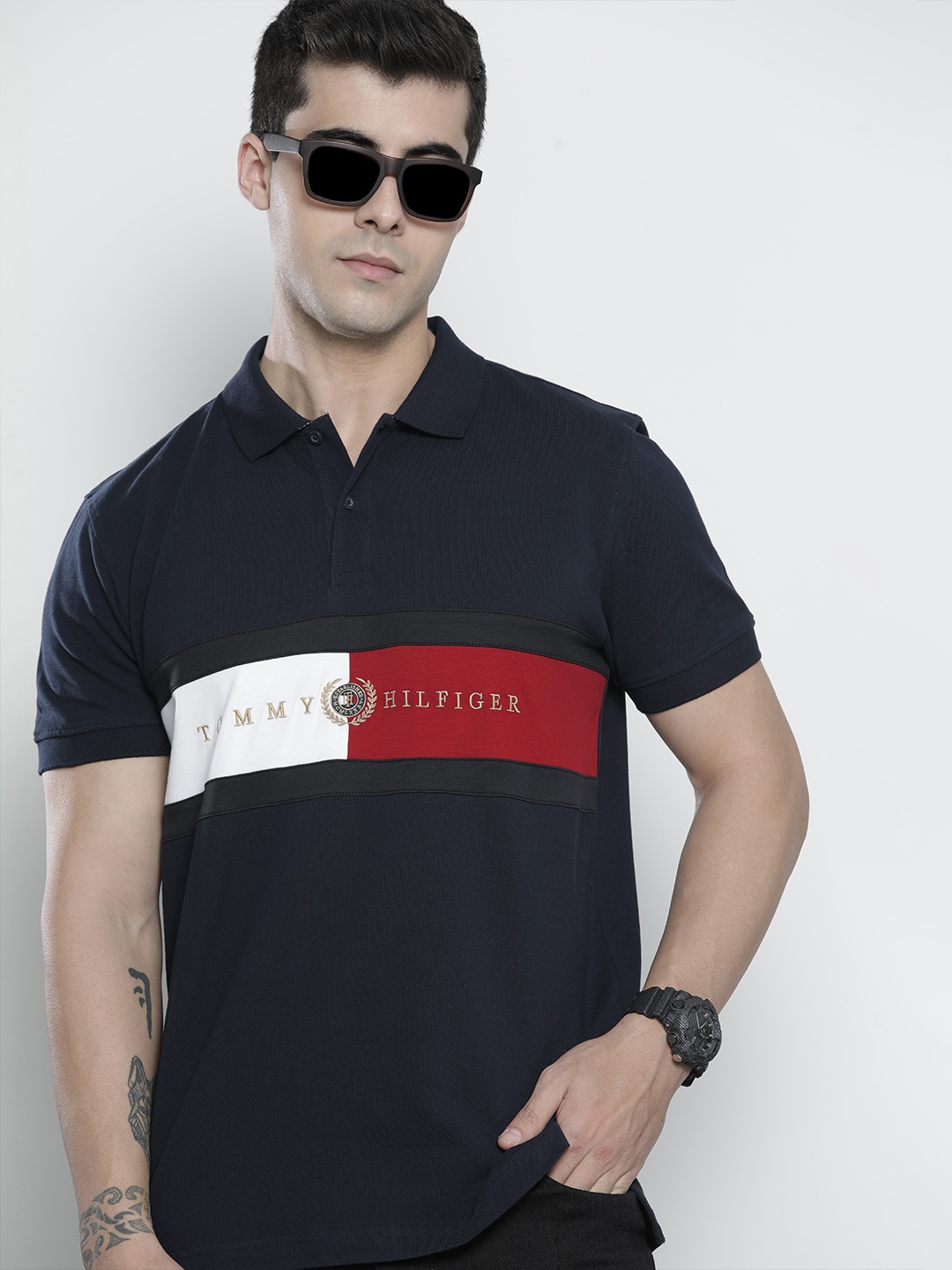 

Tommy Hilfiger Men Navy Blue Brand Logo Printed Polo Collar Pure Cotton T-shirt