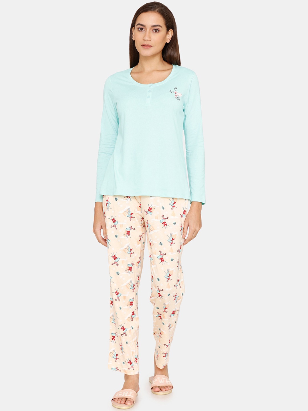 

Zivame Women Cotton Turquoise Blue & Beige Night suit