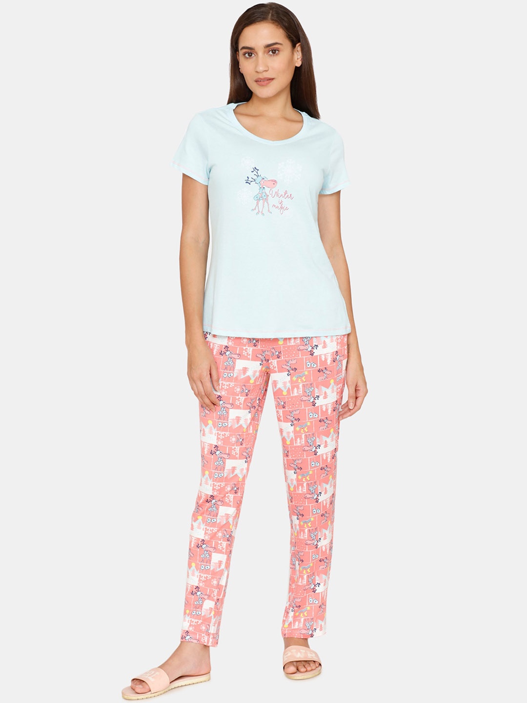 

Zivame Women Pink & Blue Graphic Printed Night Suits
