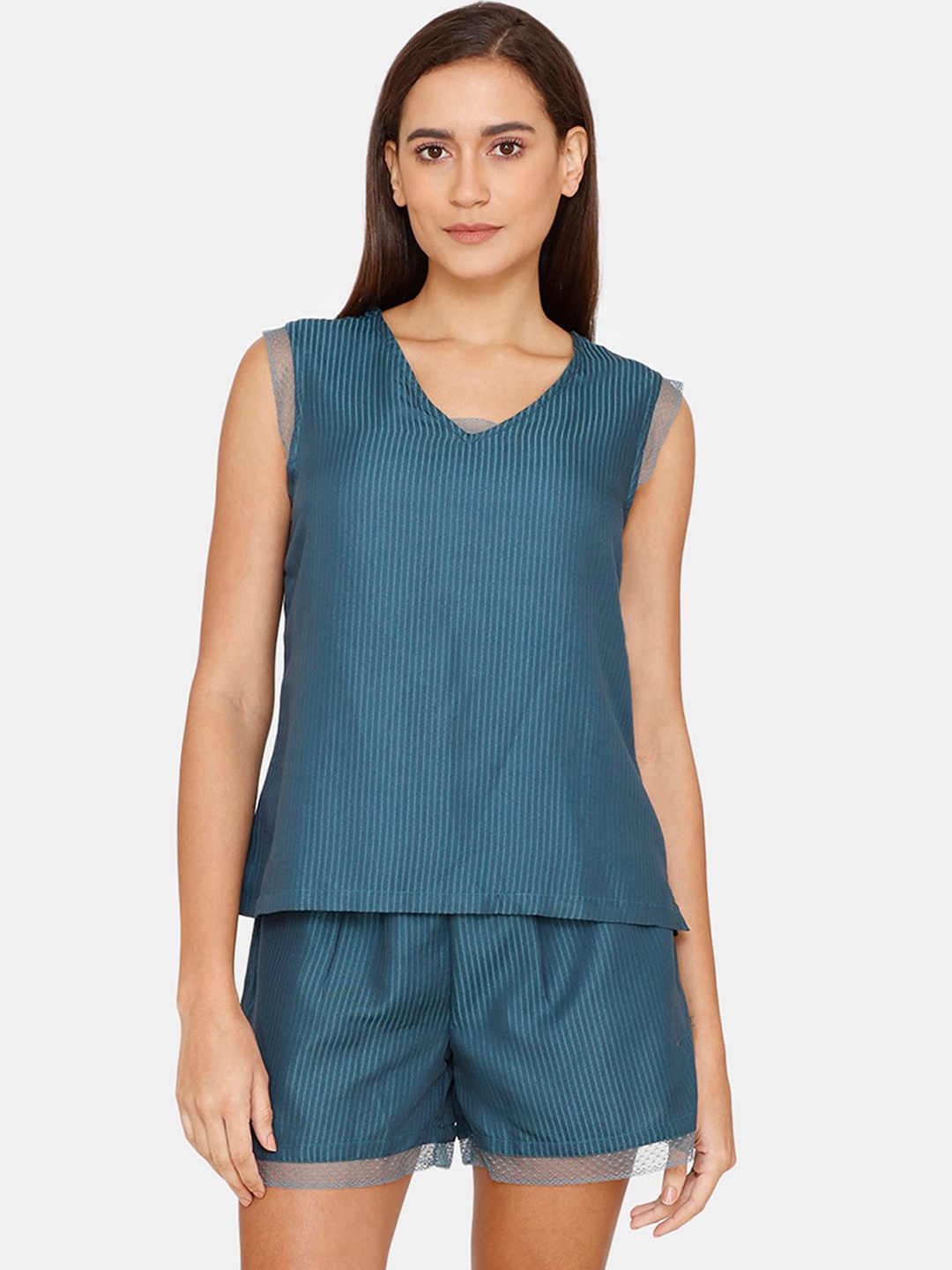 

Zivame Women Blue Striped Sleeveless Night Suit