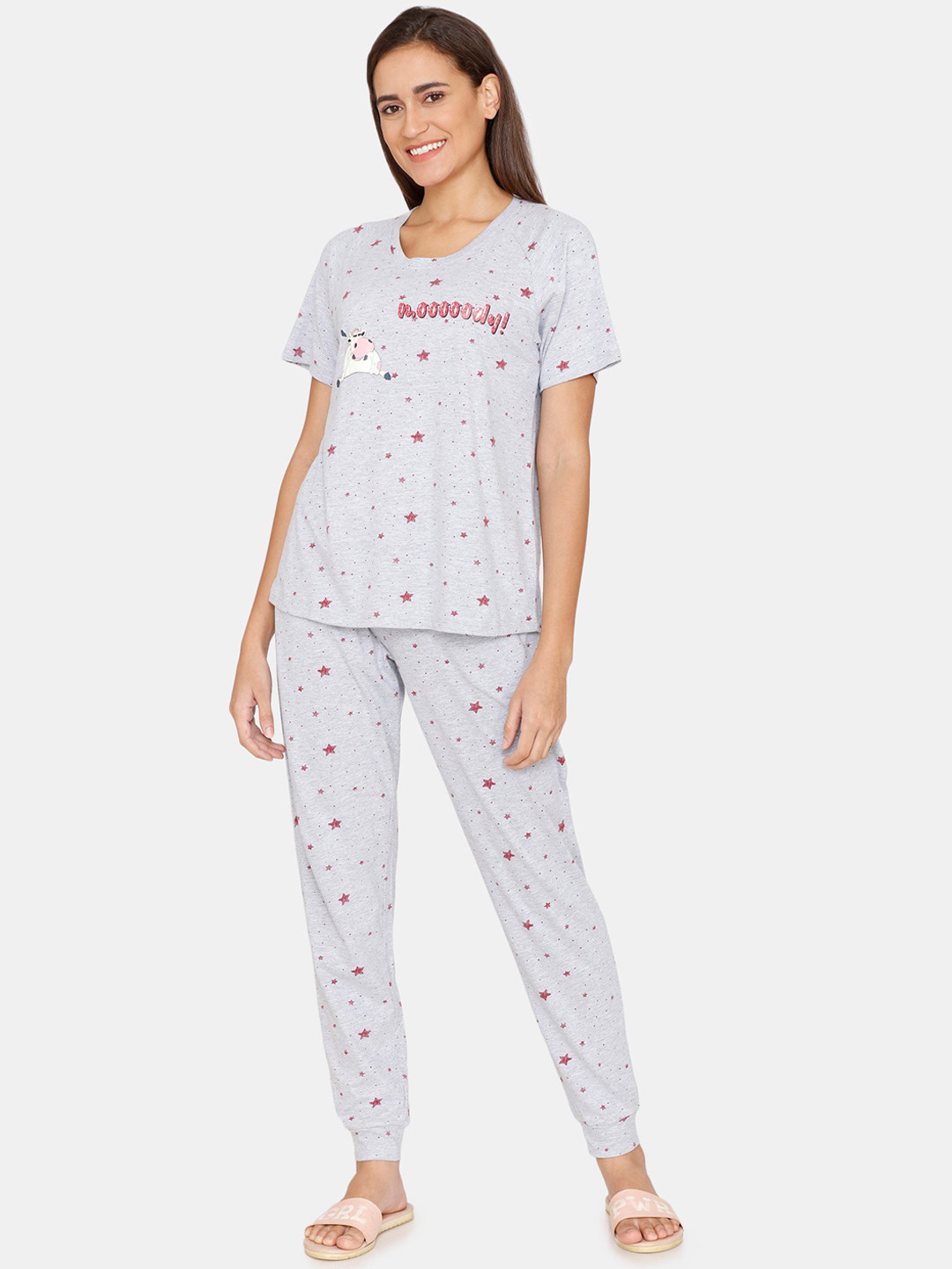 

Zivame Women Grey & Red Printed Night suit