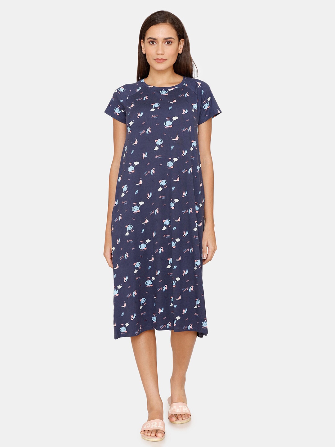 

Zivame Women Blue Printed Short Sleeves Midi Nightdress