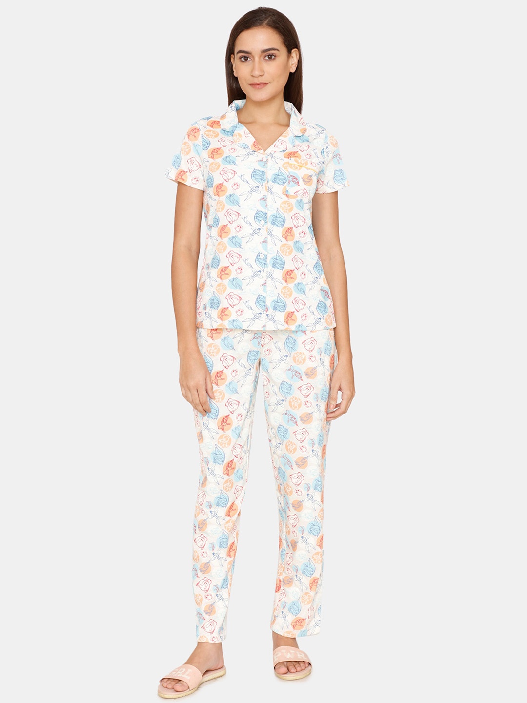 

Zivame Women White & Blue Printed Night suit