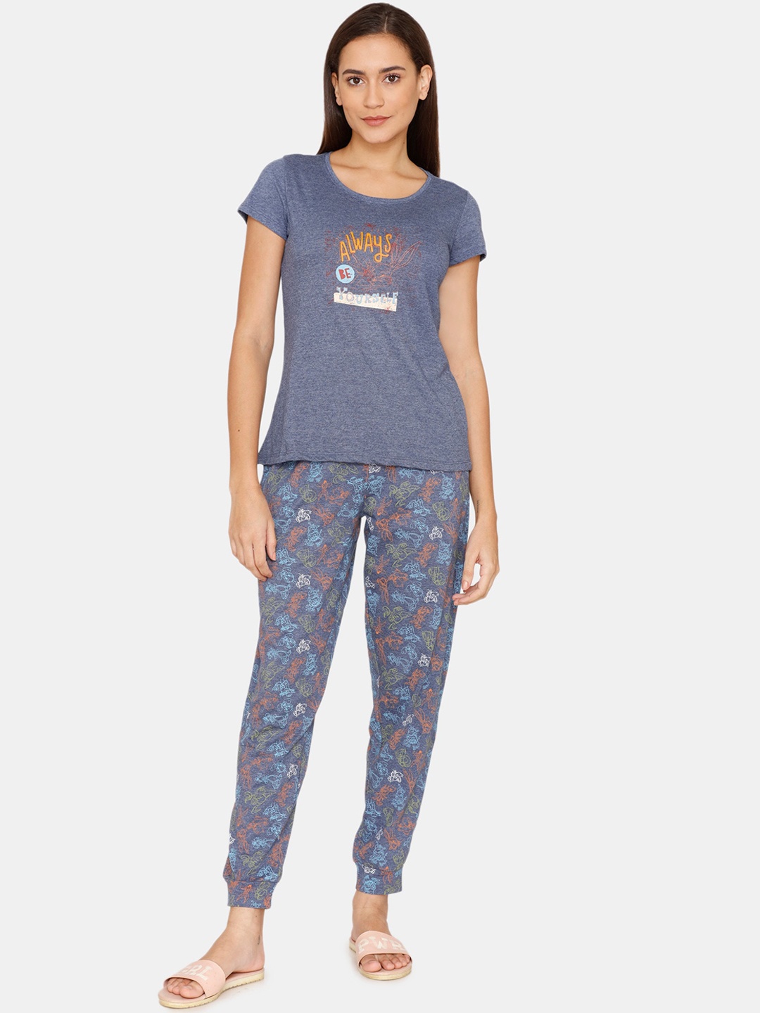 

Zivame Women Blue & Orange Printed Short Sleeves Night Suit