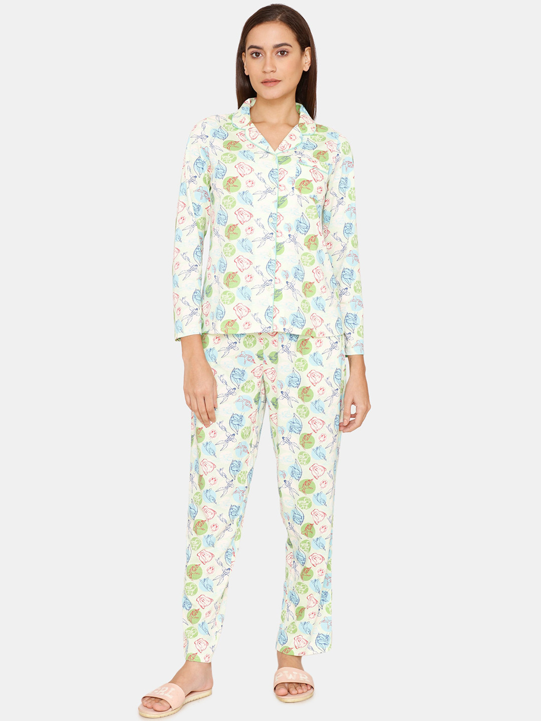 

Zivame Women Green & White Printed Night Suit