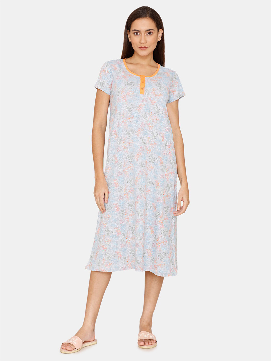 

Zivame Women Grey & Orange Printed Midi Night Dress