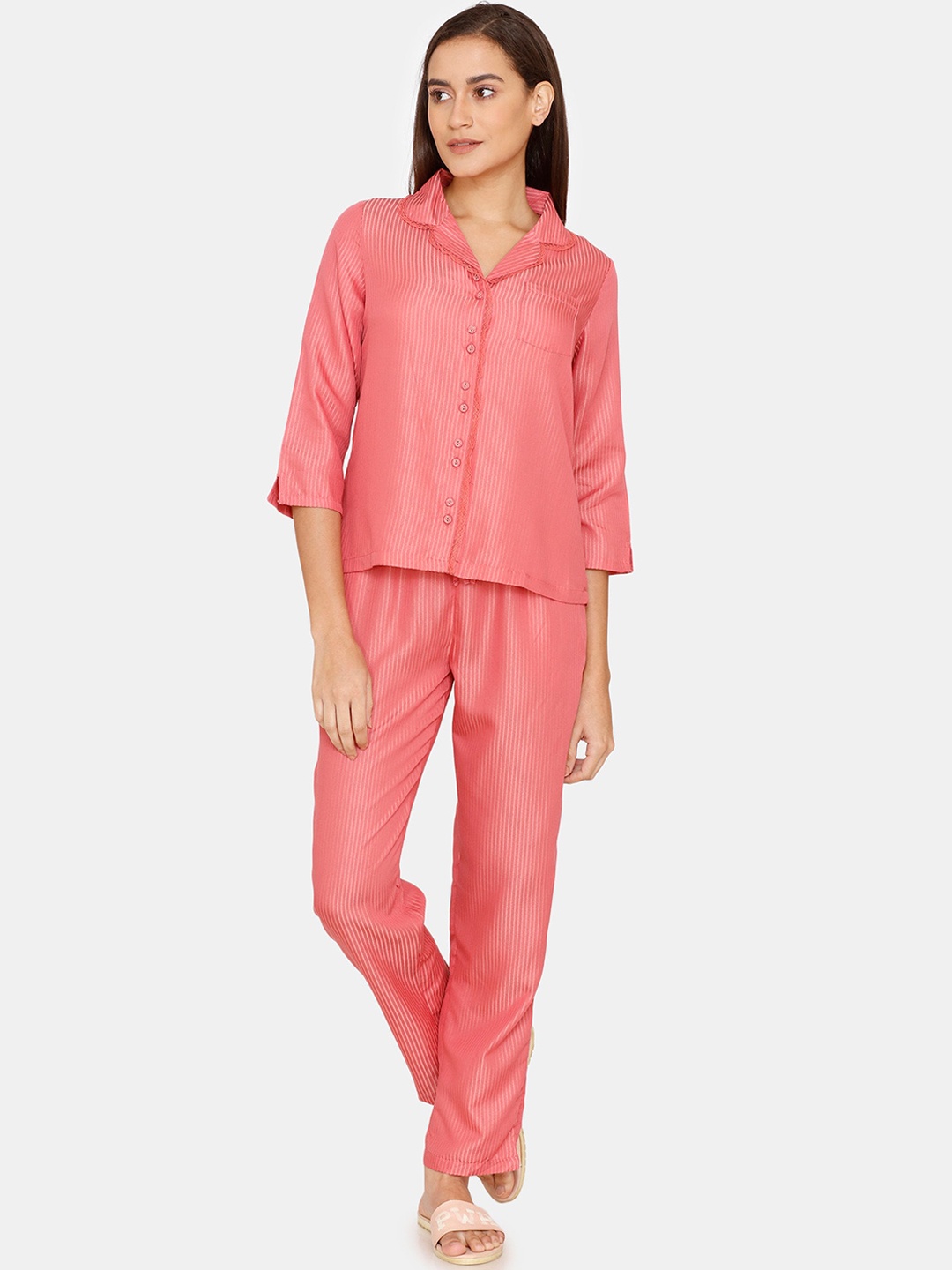 

Zivame Women Pink Striped Shirt style Night suit