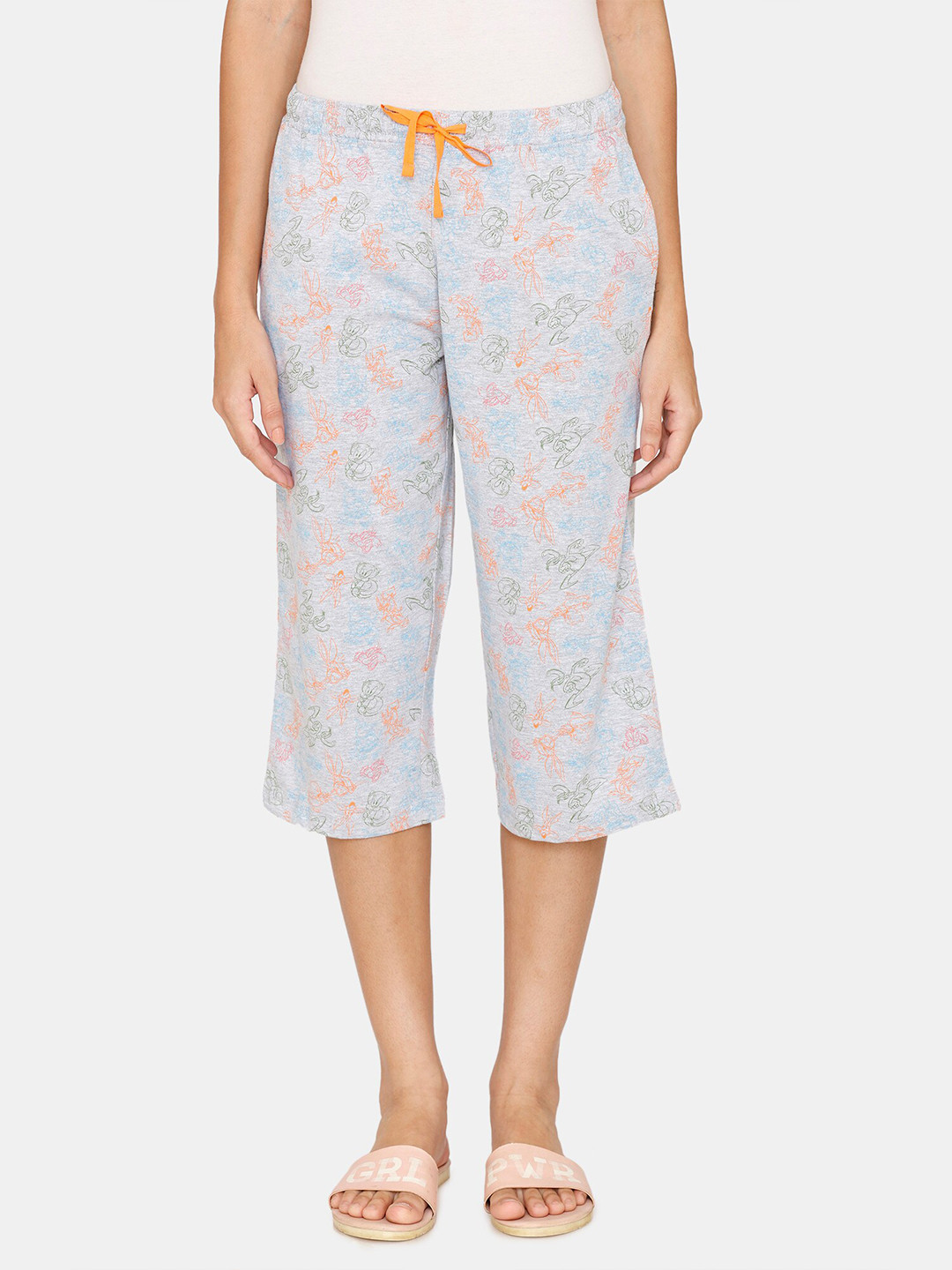 

Zivame Women Grey & Orange Printed Lounge Capris