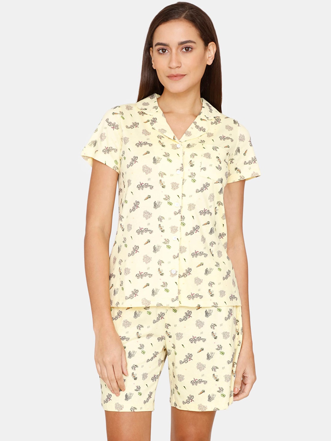 

Zivame Women Yellow & Black Printed Night suit
