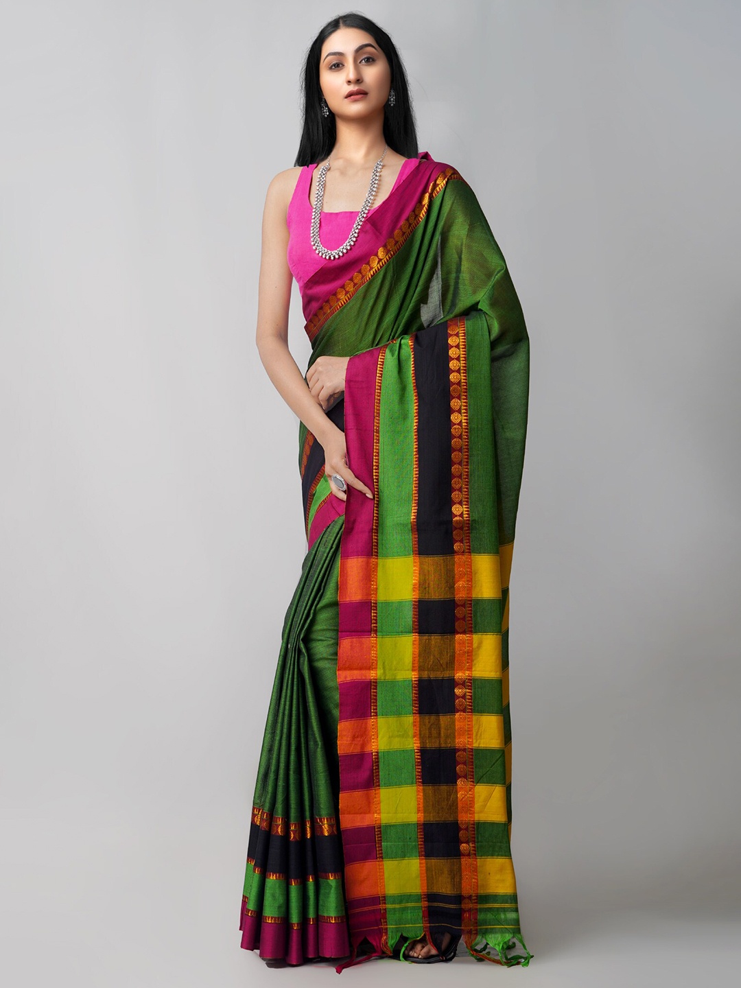 

Unnati Silks Green & Pink Zari Pure Cotton Handloom Sustainable Pavani Narayan Peth Saree