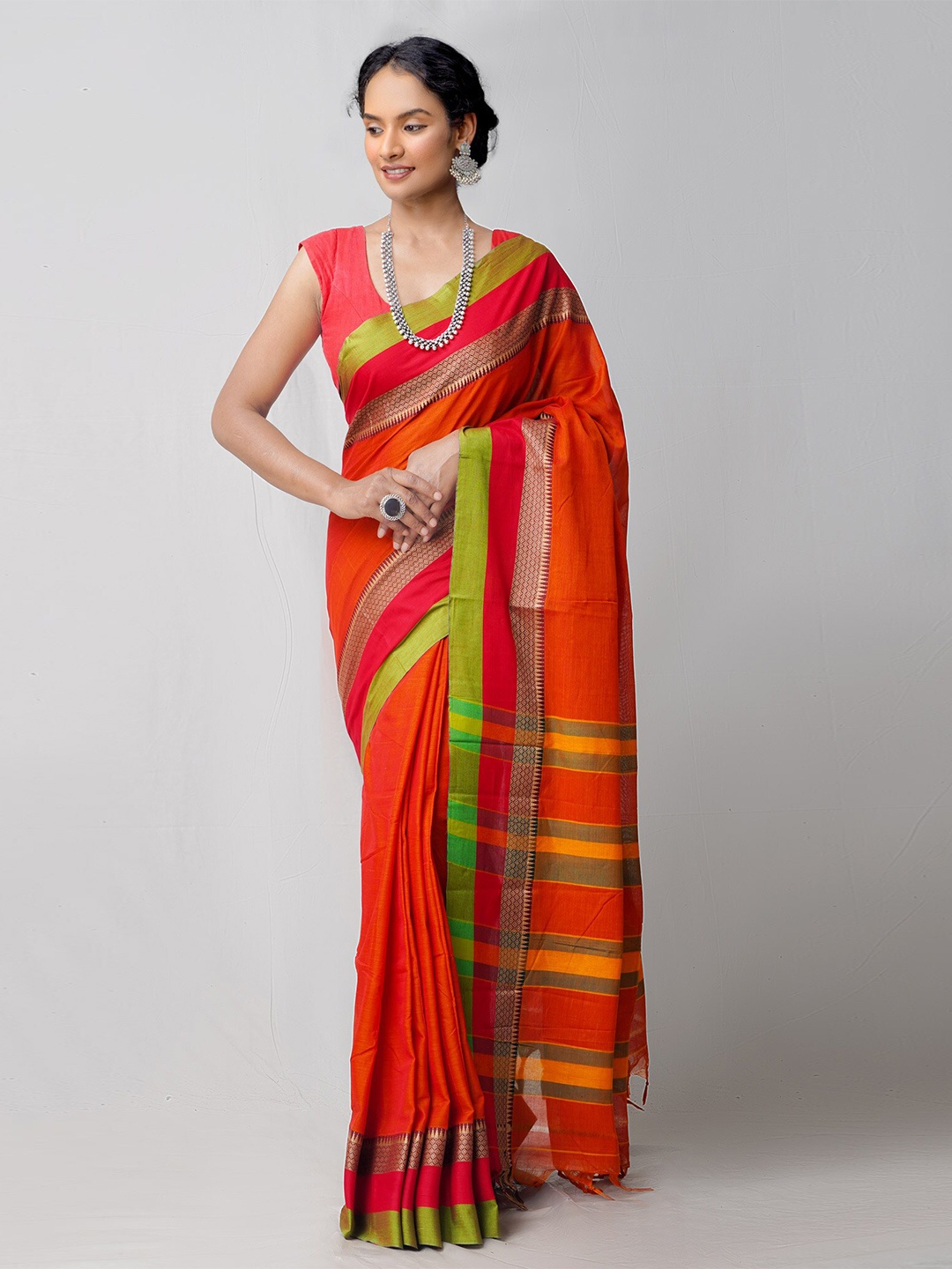 

Unnati Silks Orange & Green Pure Cotton Chettinad Saree