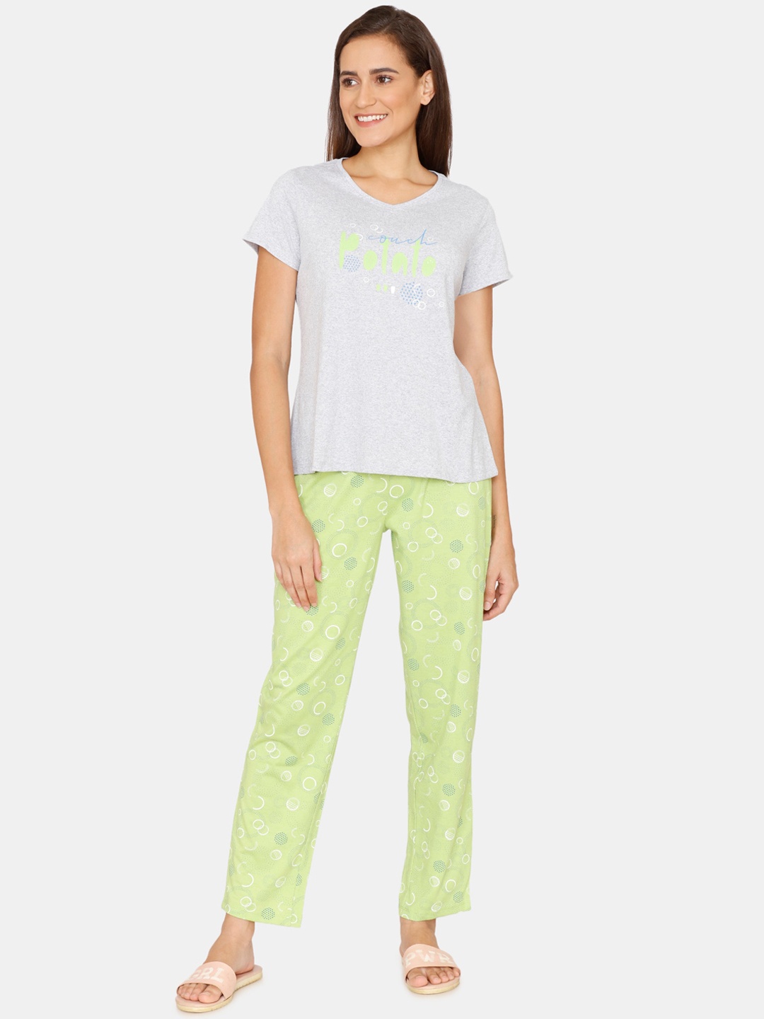

Rosaline by Zivame Women Green & Grey Abstract Printed Night Suits
