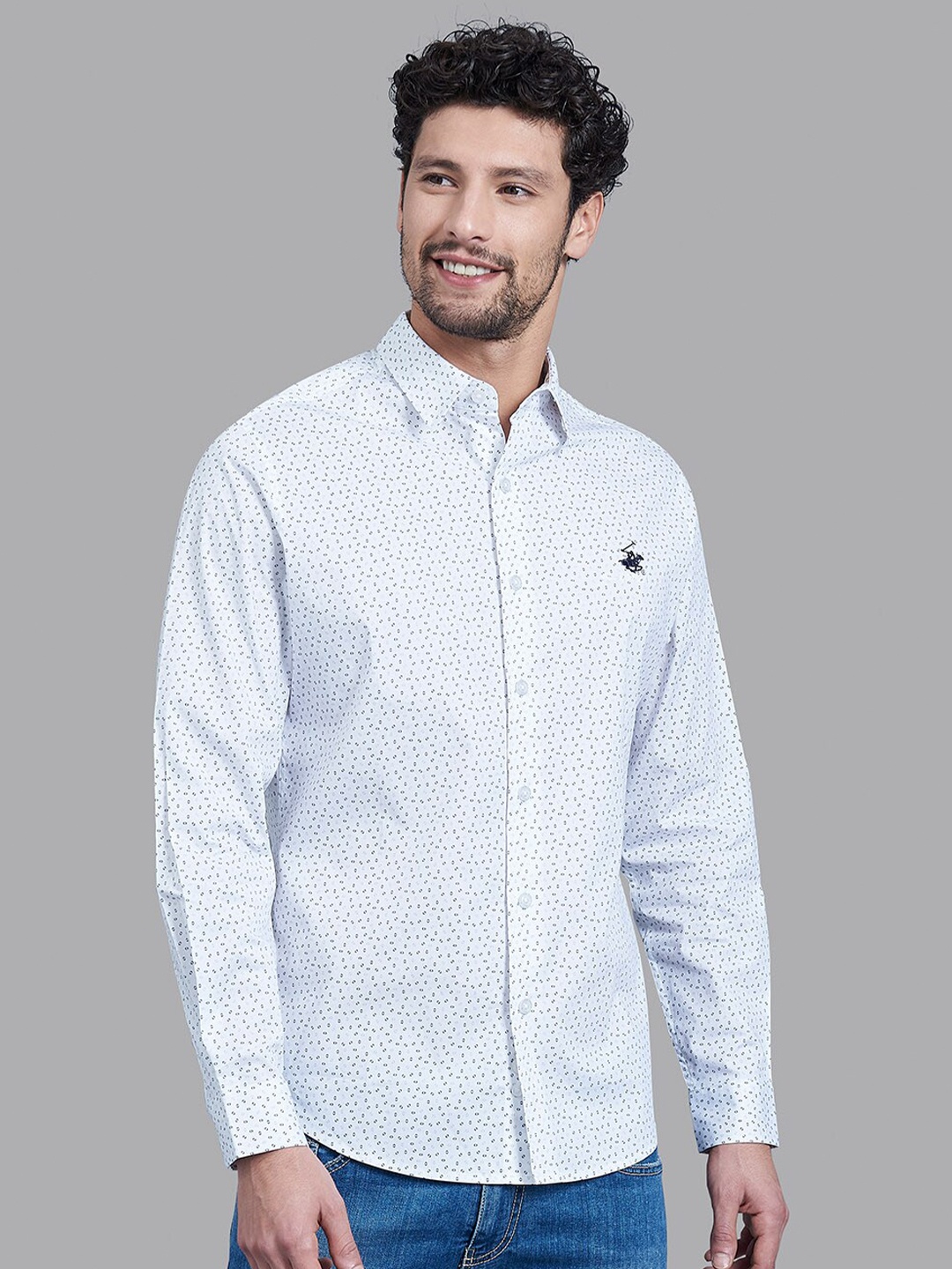 

Beverly Hills Polo Club Men White Printed Stretch Fit Casual Shirt