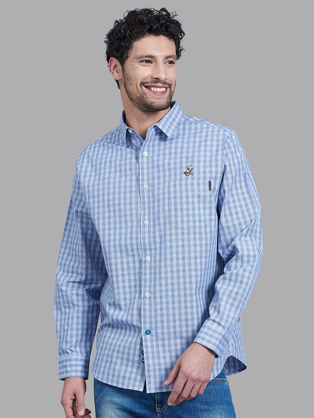 

Beverly Hills Polo Club Men Navy Blue Gingham Checks Checked Casual Shirt