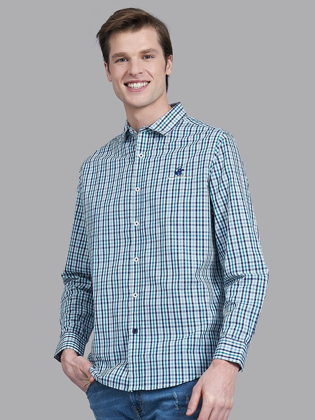 

Beverly Hills Polo Club Men Blue Checked Tailored Fit Cotton Casual Shirt