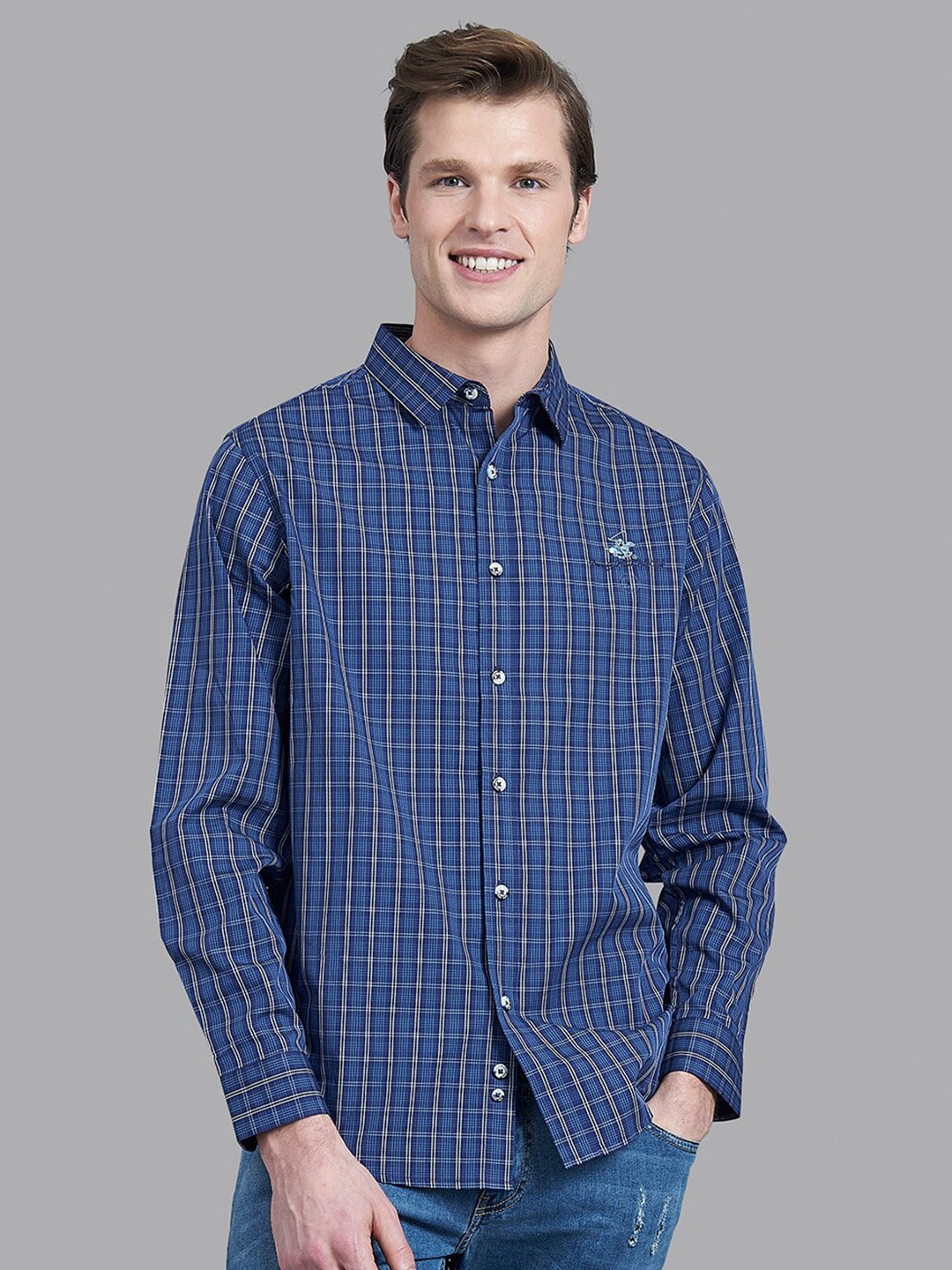 

Beverly Hills Polo Club Men Navy Blue Checked Formal Shirt