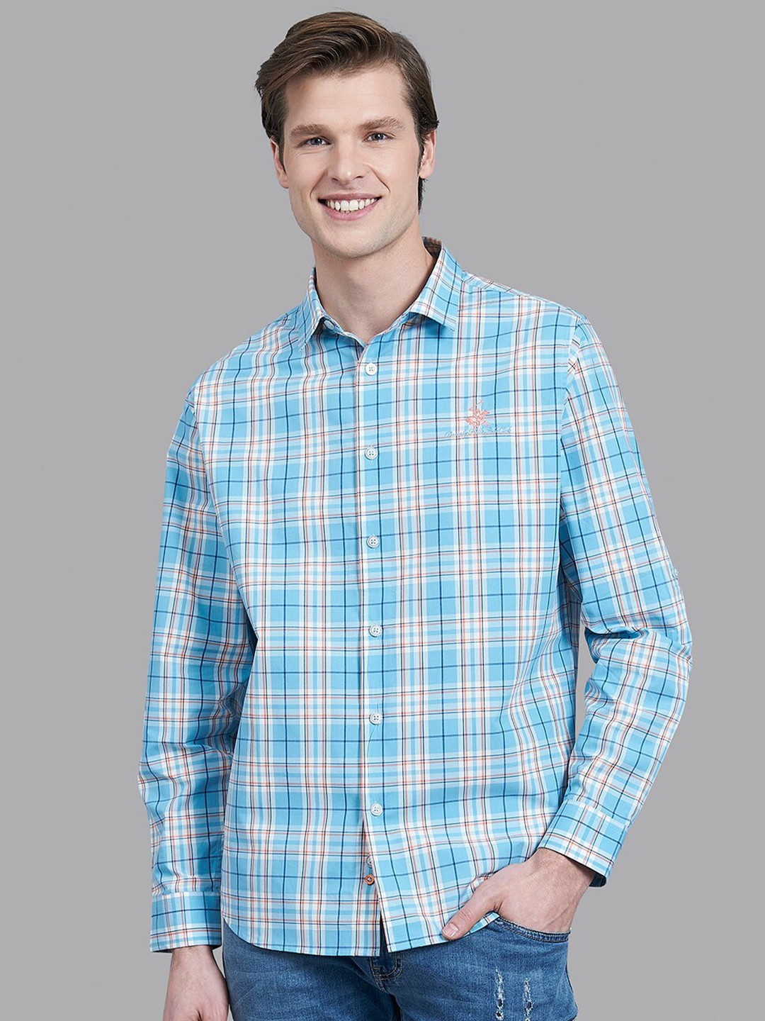

Beverly Hills Polo Club Men Blue Tartan Checks Checked Casual Shirt