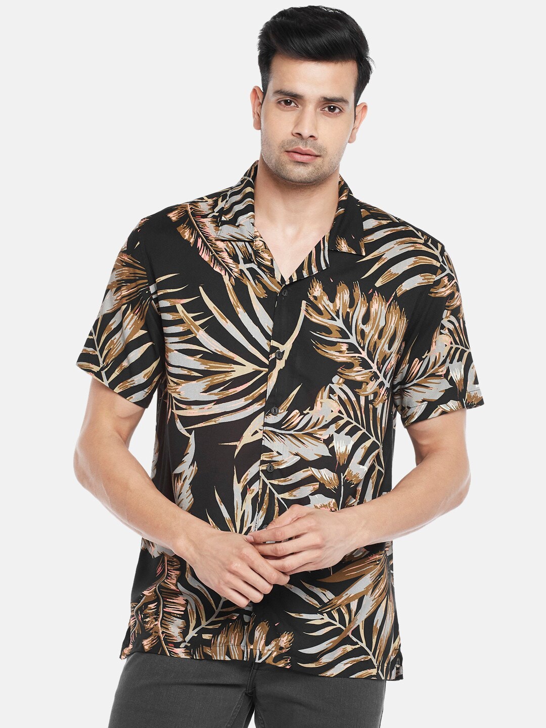 

People Men Black & Brown Regular Fit Printed Casual Shirt