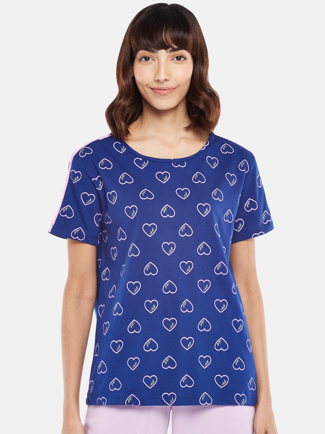 

Dreamz by Pantaloons Women Navy Blue Printed Pure Cotton Lounge tshirt