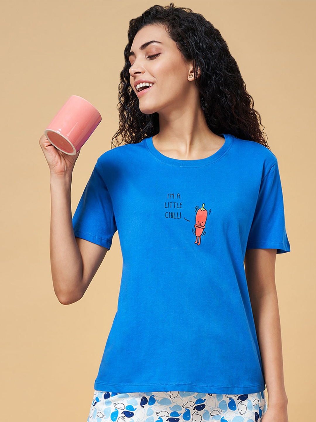 

Dreamz by Pantaloons Women Blue Typography Printed Pure Cotton Lounge T-shirt