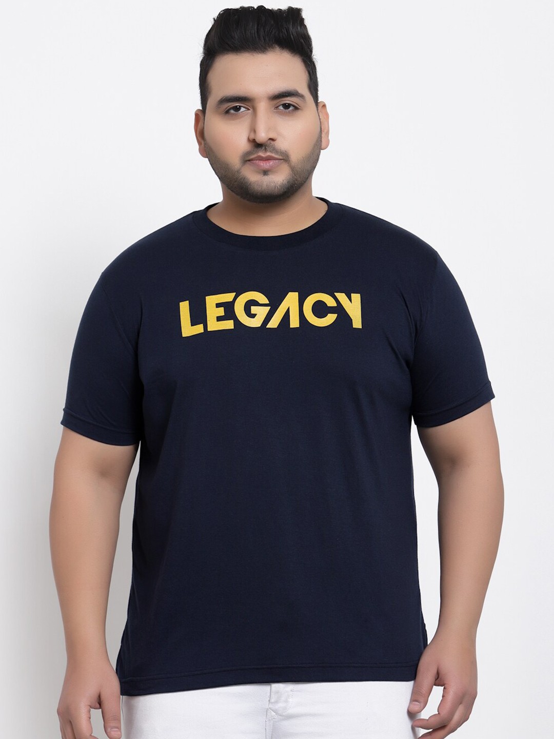 

plusS Men Plus Size Navy Blue & Yellow Typography Printed Cotton T-shirt