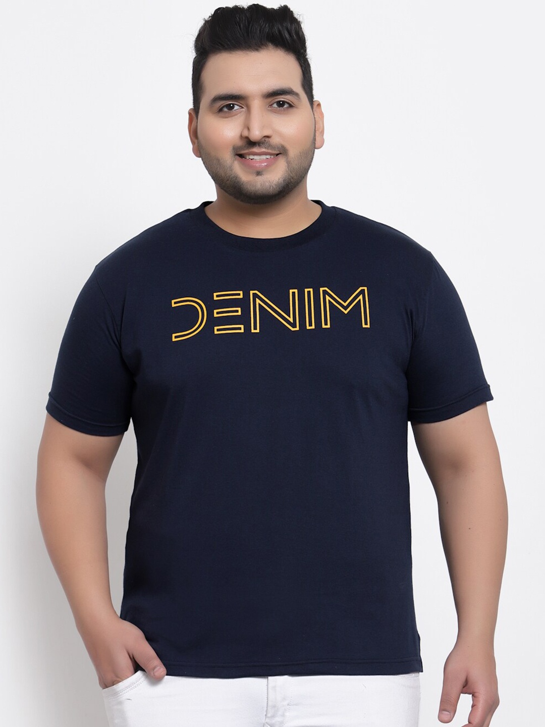 

plusS Plus Size Men Navy Blue Typography Printed Regular Fit T-shirt