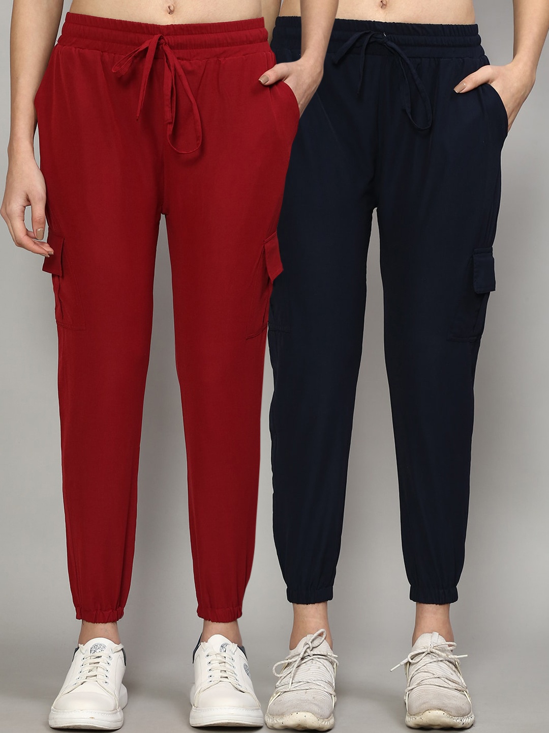 

GRACIT Pack of 2 Women Maroon & Navy Blue Relaxed Slim Fit Joggers Trousers