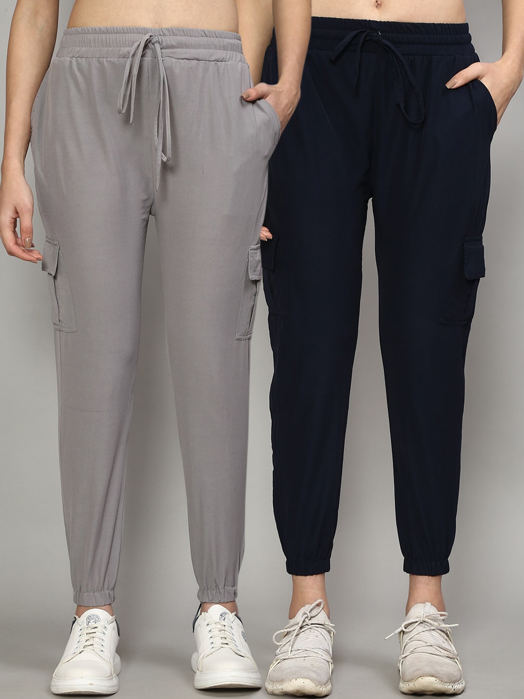 

GRACIT Women Grey & Navy Blue Pack of 2 Relaxed Regular Fit Joggers Trousers