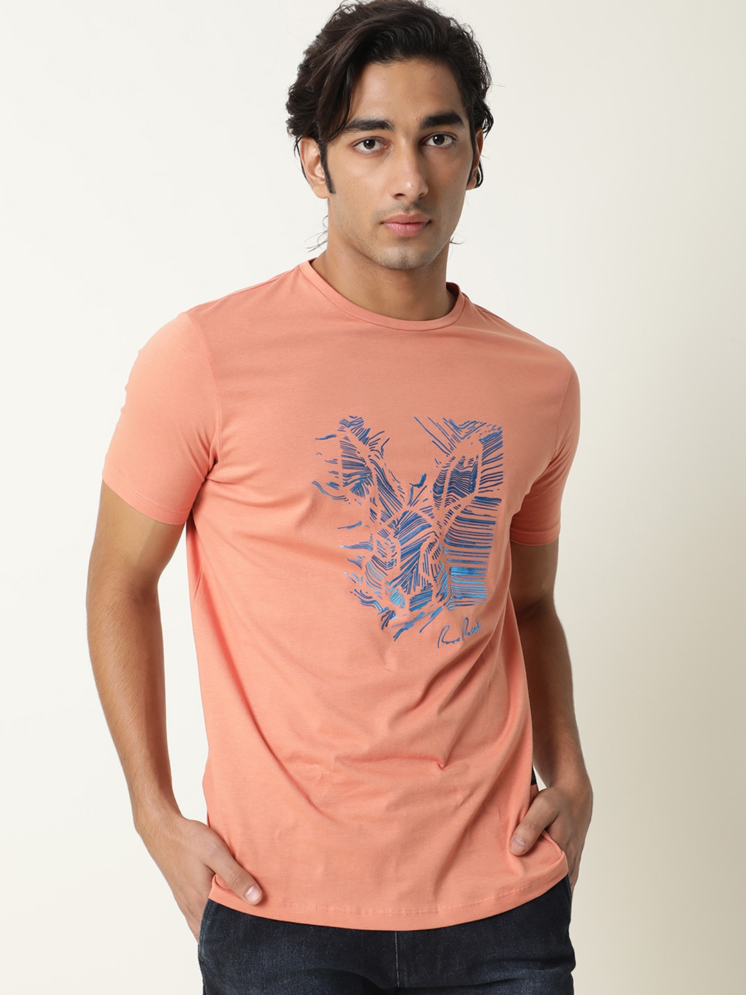 

RARE RABBIT Men Danc Printed Pure Cotton Slim Fit T-Shirt, Orange