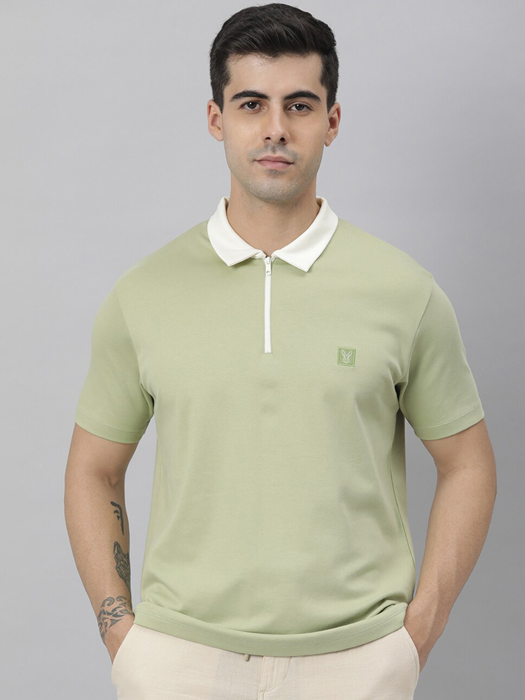 

RARE RABBIT Men Green Polo Collar Pure Cotton Slim Fit T-shirt