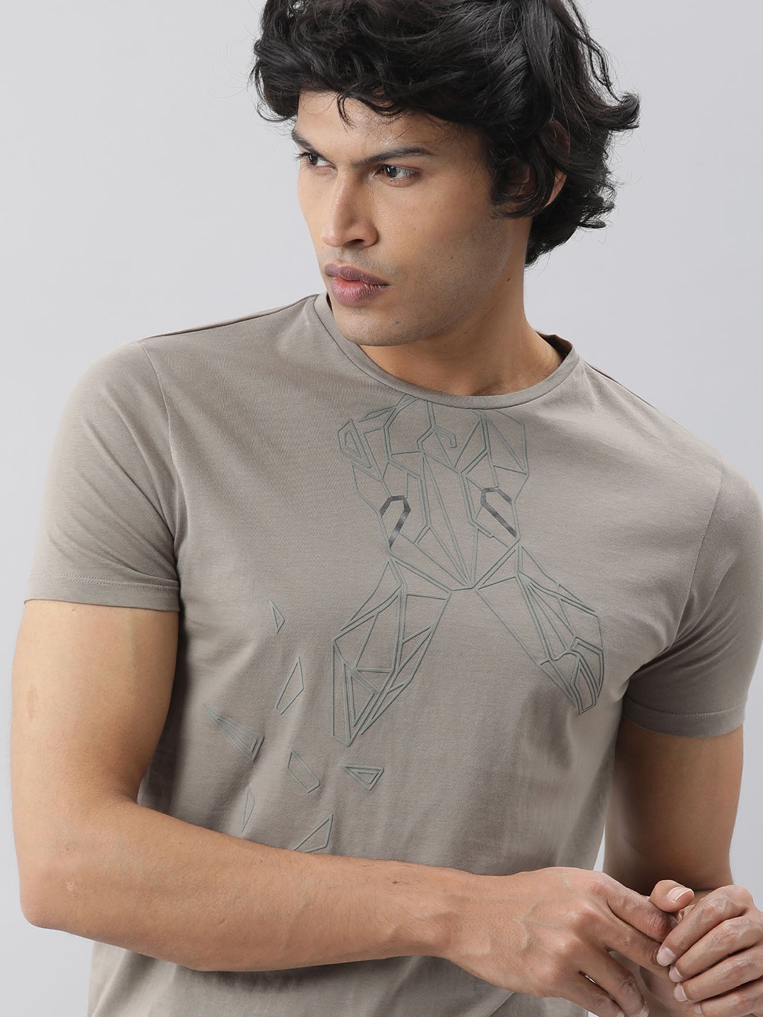 

RARE RABBIT Men Login-2 Printed Pure Cotton Slim Fit T-Shirt, Grey