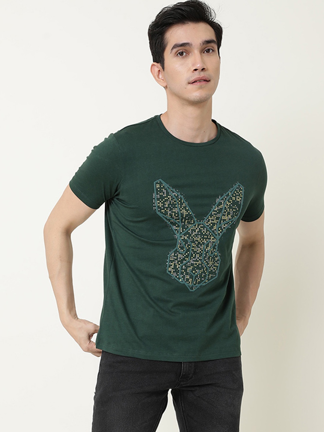 

RARE RABBIT Men Mordy Printed Pure Cotton Slim Fit T-Shirt, Green