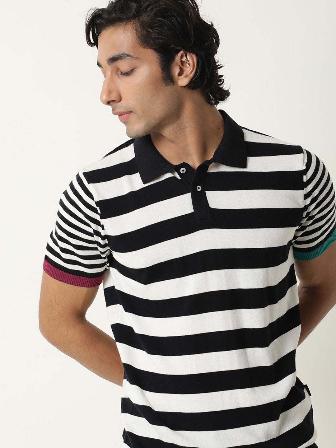 

RARE RABBIT Men Paulo Striped Polo Collar Pure Cotton Slim Fit T-Shirt, Black