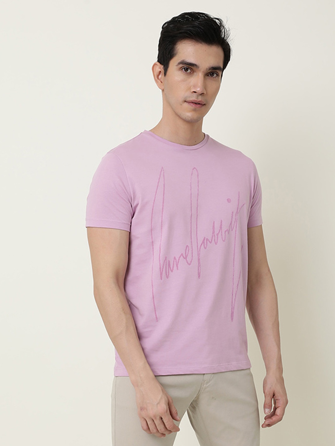 RARE RABBIT Men Berg Typography Printed Pure Cotton Slim Fit T-Shirt, Purple