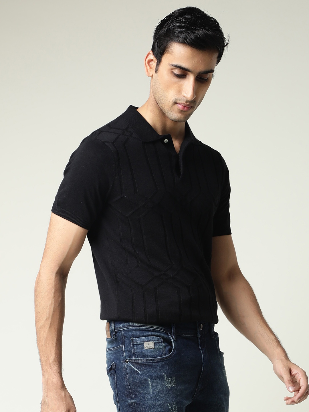 

RARE RABBIT Men Link Polo Collar Pure Cotton Slim Fit T-Shirt, Black