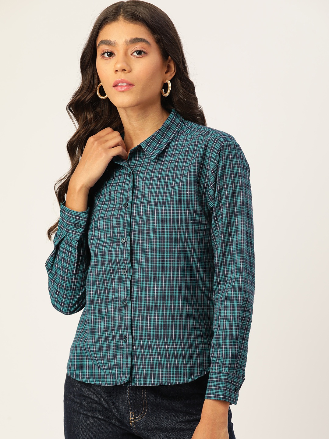 

DressBerry Women Navy Blue & Teal Green Tartan Checked Casual Shirt